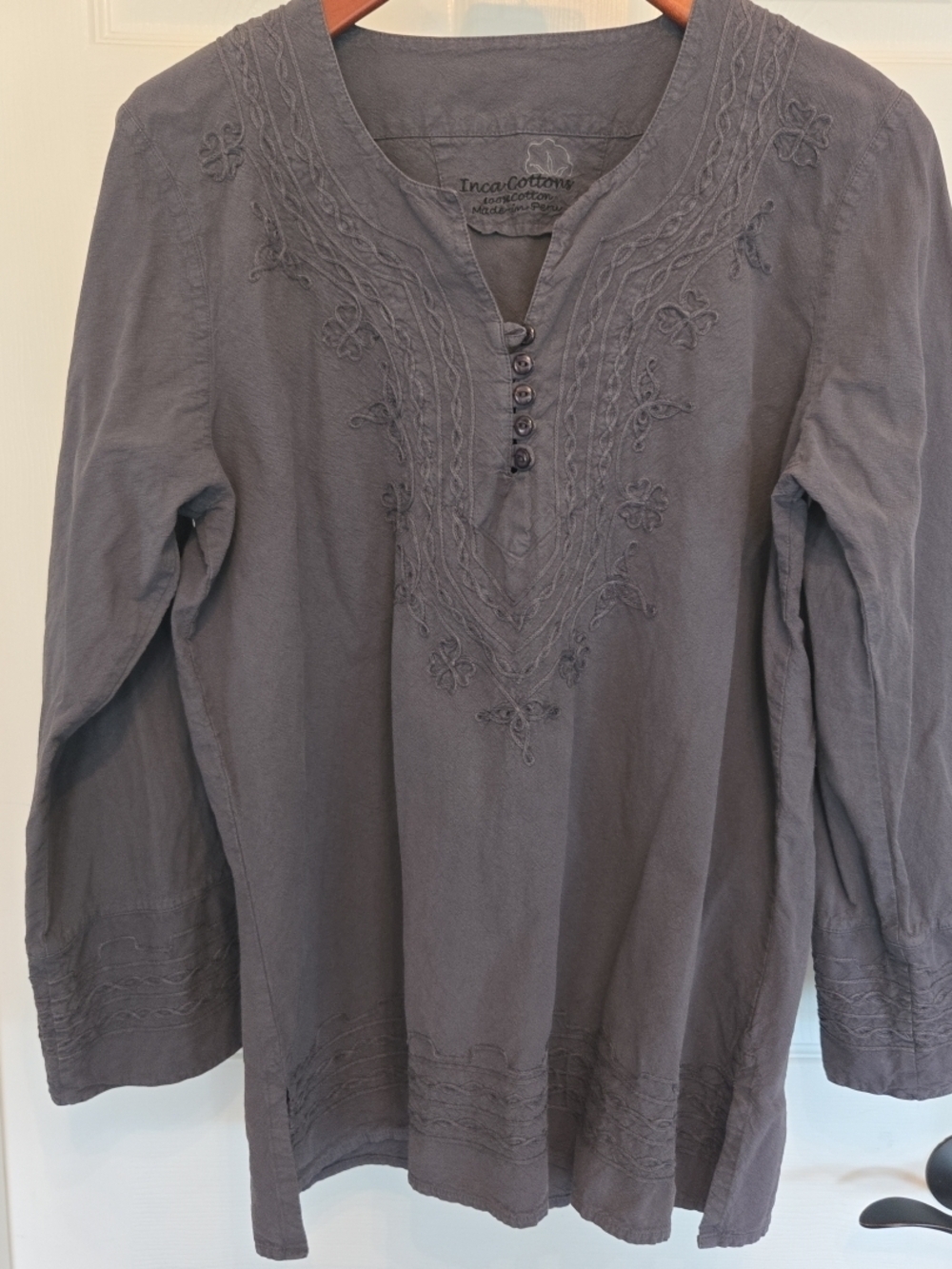 Inca Cottons 100% Cotton Peru Embroidered Grey Tunic Trim V-Neck Long Sleeve